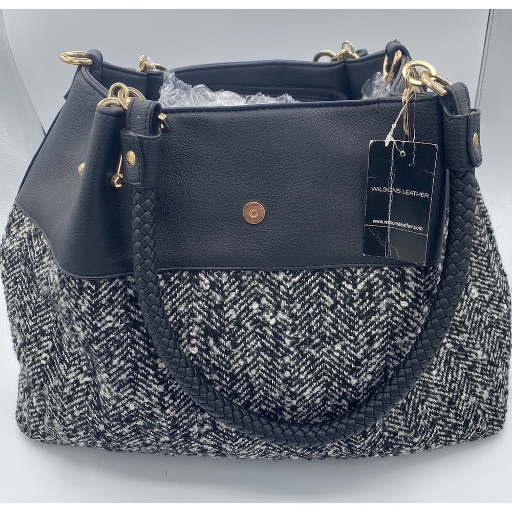 NWT WILSONS Black Rivet Black Leather Tweed Fabric Purse Carry All Tote‎ 3 in 1